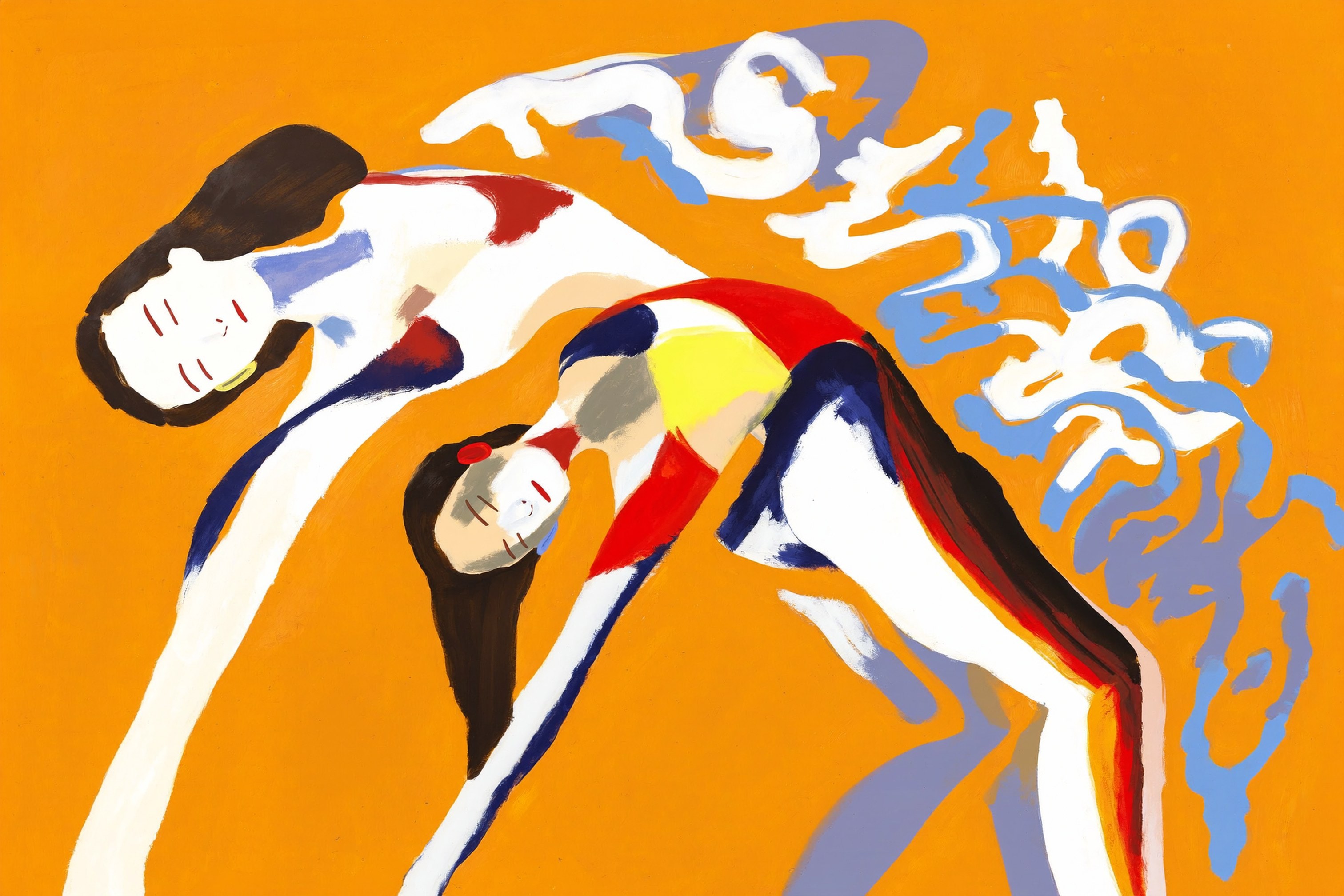 Illustration Pilates, posture Teaser en équilibre sur fond orange